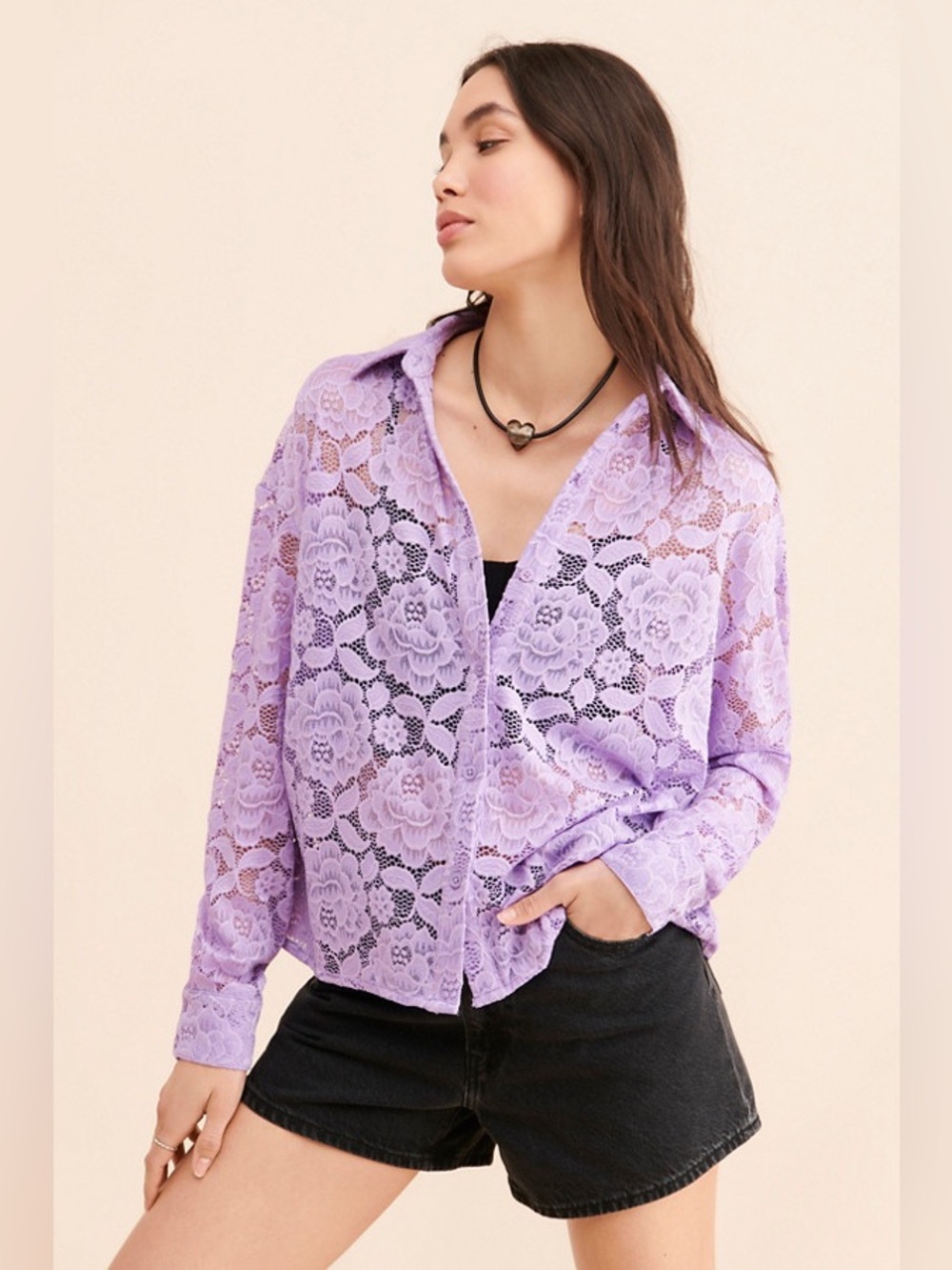 Anthropologie Hutch Lavender Sheer Floral Lace Buttondown Shirt Size Small